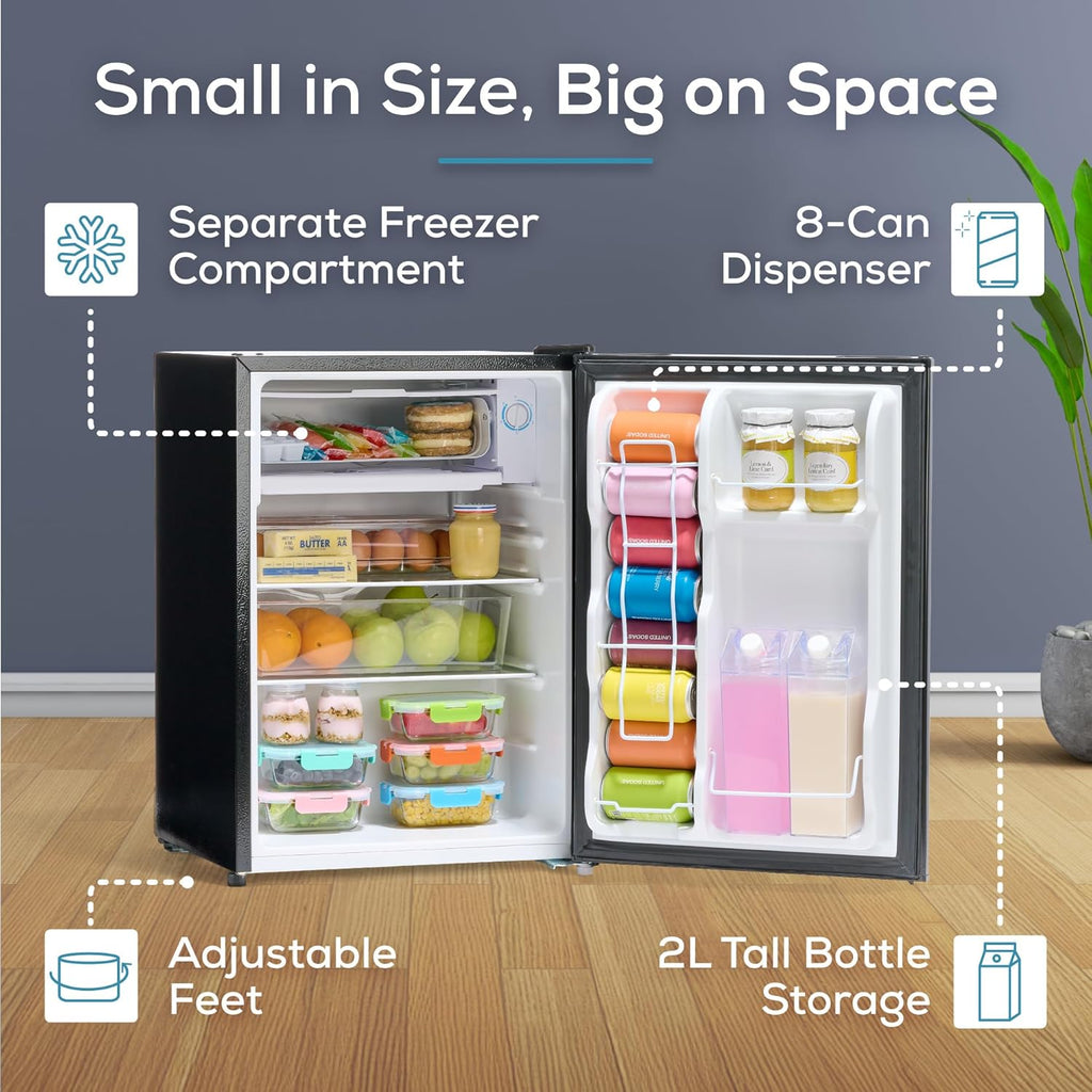 Igloo 2.6 Cu.Ft Mini Fridge with Freezer- Single Door Compact Refrigerator with Glass Shelves for Homes, Dorms & Offices- Keep Snacks, Drinks & Frozen Foods Cool with Temperature Control Fridge- Black