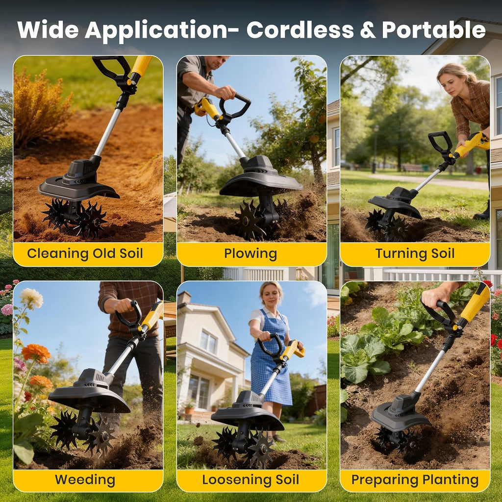 Cordless Tiller Cultivator Compatible with Dewalt 20V Battery(Tool Only), 9-Inch Tilling Width, 6.6-Inch Depth 360RPM Electric Brushless Tiller Garden Rototiller for Lawn/Gardening/Soil Cultivation