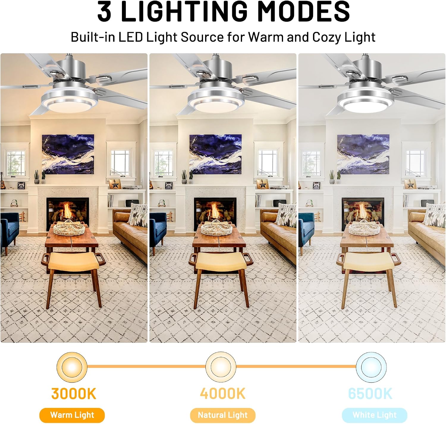 Modern Ceiling Fans with Lights Remote, 52'' Outdoor Ceiling Fan with Dimmable 3 Light Colors 3 Speed Reversible DC Motor, 5 Stainless Steel Blades Fandelier for Patio Porch Living Room