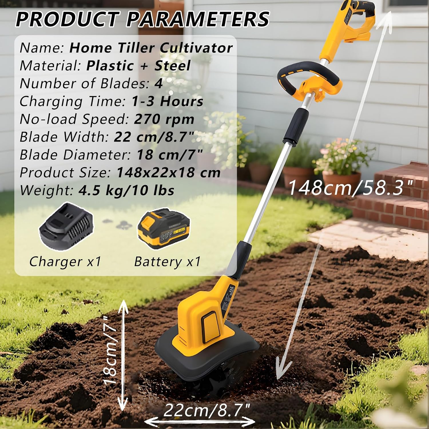 Rechargeable Garden Cultivator,22cm Tilling Width and 18cm Depth,Small Home Electric Tiller Cultivator,20V DC,270 RPM,for Flower Beds 2000mAh