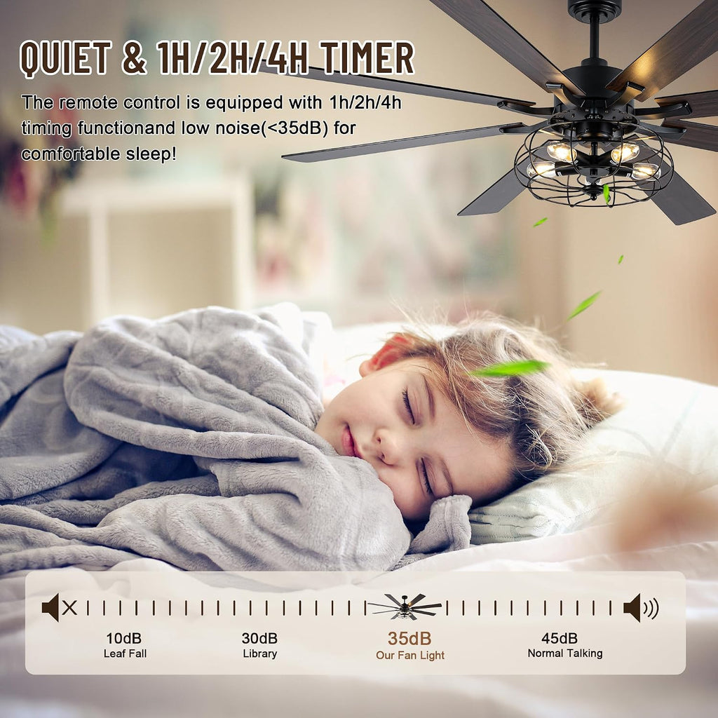 72' Industrial Ceiling Fan with Light,8 Blades DC Motor Farmhouse Cage Ceiling Fan,6 Speed Reversible Quiet Ceiling Fan with Remote Control for Patio Living Room Bedroom