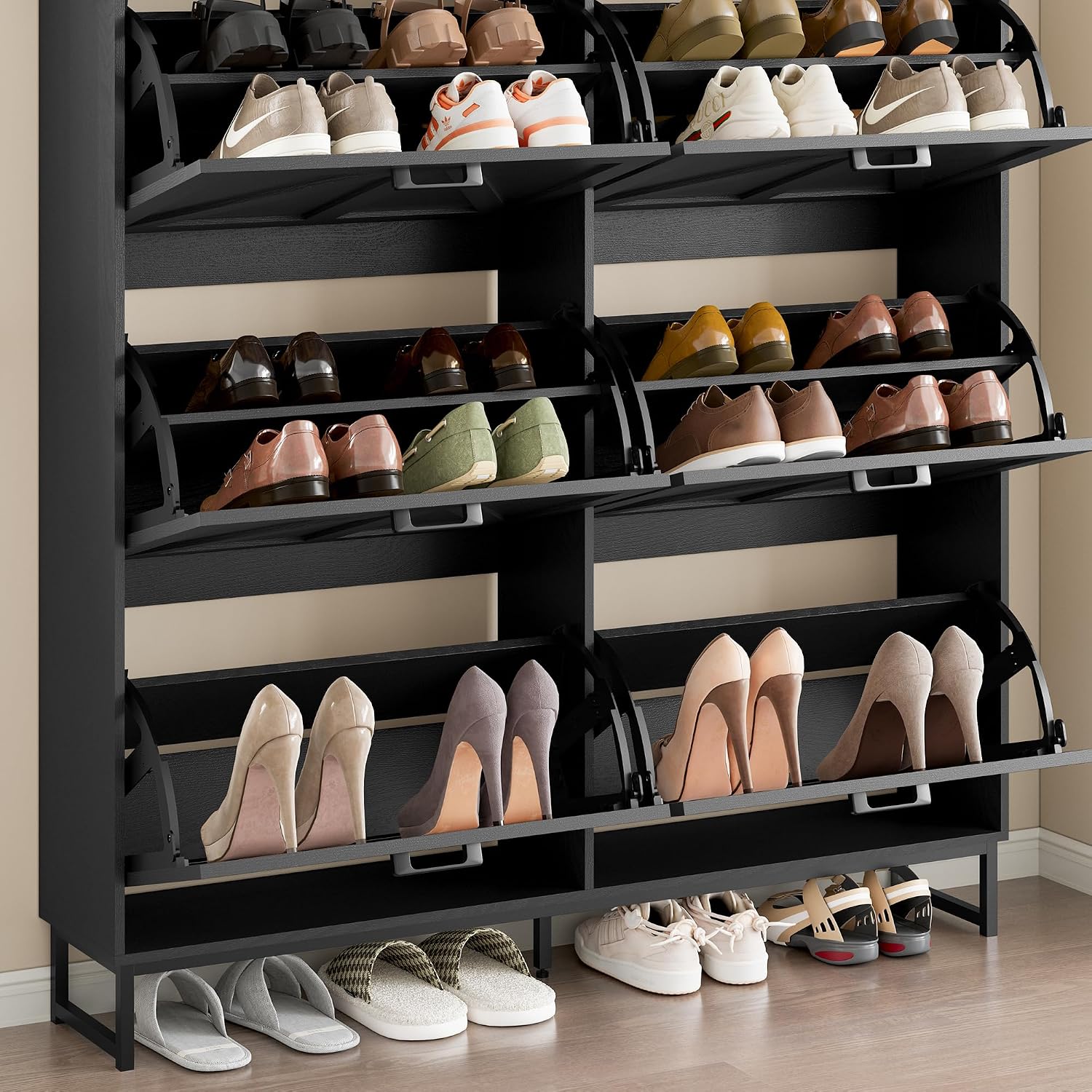 BORNOON Shoe Cabinet with 6 Flip Drawers Narrow Shoe Storage Cabinet Organizer Wooden Freestanding Shoe Rack Hidden Slim Shoes Storage Cabinet for Entryway, Hallway, Living Room, Bedroom