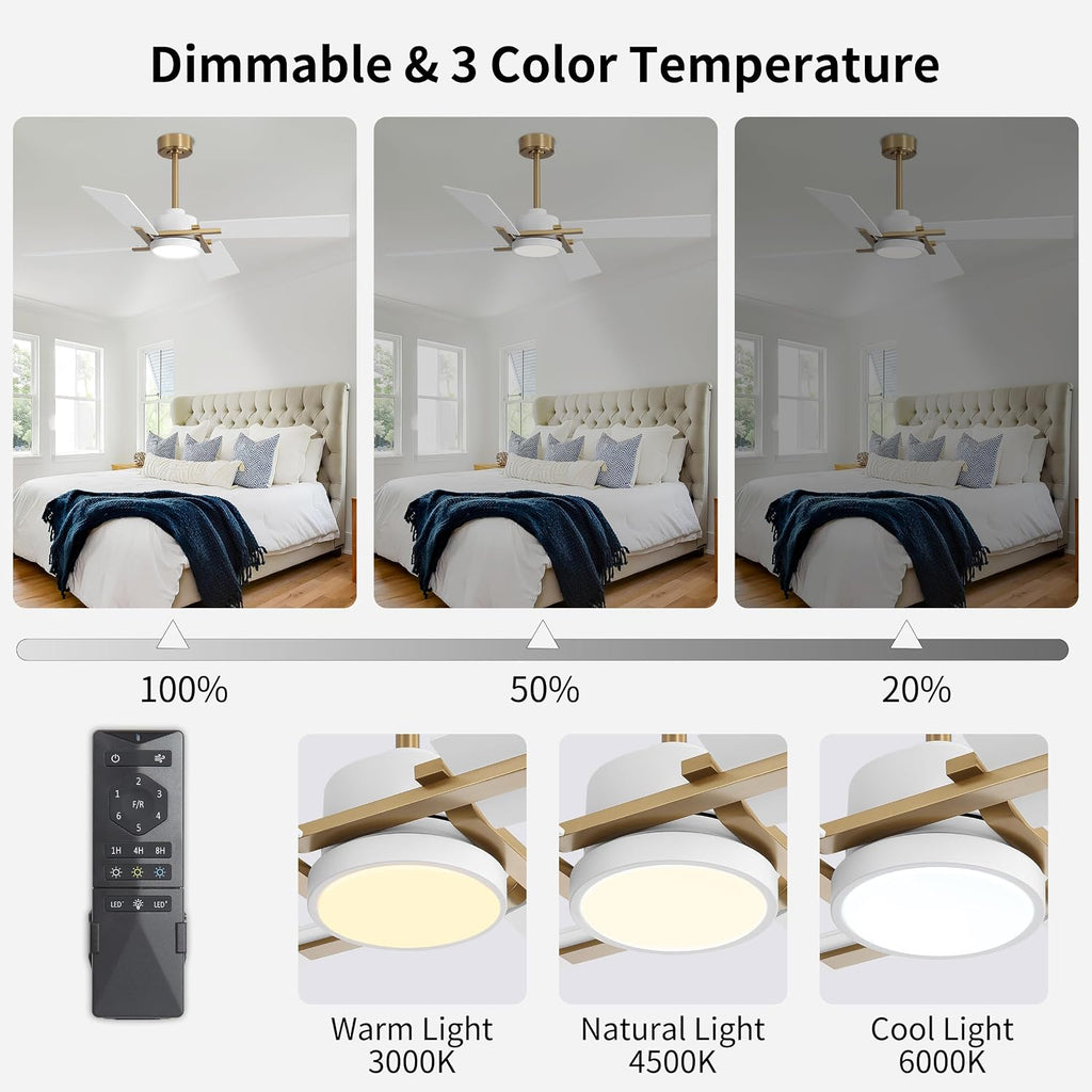 WINGBO 54 Inch Ceiling Fan with Light and Remote, 4 Plywood Blades, 6-Speed Reversible DC Motor, Dimmable, 3CCT, Farmhouse Ceiling Fan for Bedroom Living Room Kitchen, Brass and White
