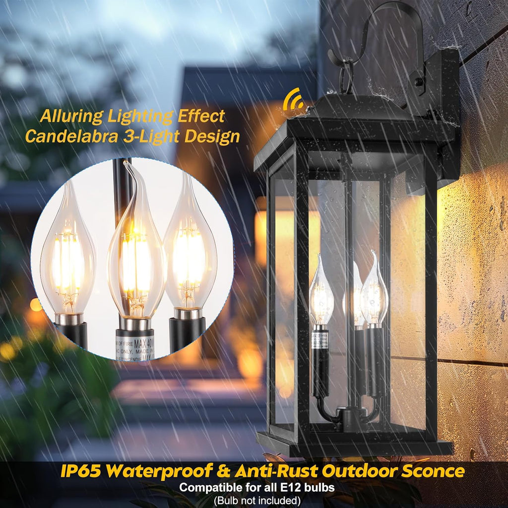 23' Dusk to Dawn Outdoor Lighting Extra Large 1 Pack, 3-Light Candelabra Front Porch Light with Photocell Sensor Outside Wall Sconce Modern Exterior Lighting Fixture Carriage Light, E12