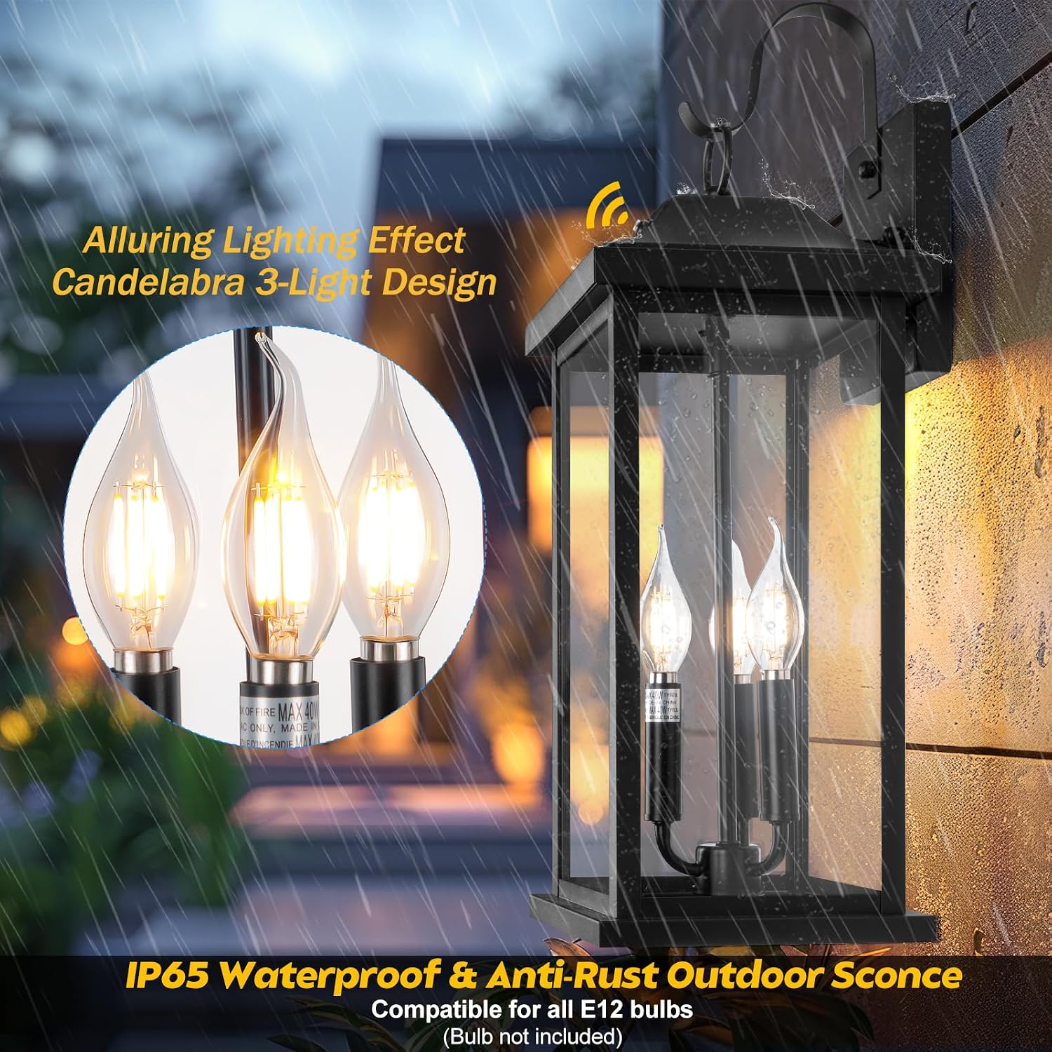 23' Dusk to Dawn Outdoor Lighting Extra Large 1 Pack, 3-Light Candelabra Front Porch Light with Photocell Sensor Outside Wall Sconce Modern Exterior Lighting Fixture Carriage Light, E12