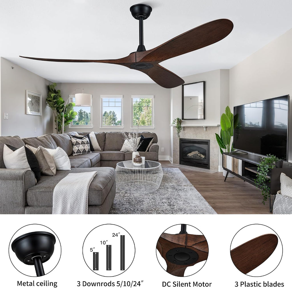 60'' Ceiling Fan with Remote Control, Modern Indoor/Outdoor Ceiling Fans,Quiet and Reversible DC Motor, 3 Plastic Dark Walnut Blades with Strong Wind for Living Room,Patio,Farmhouse,Bedroom