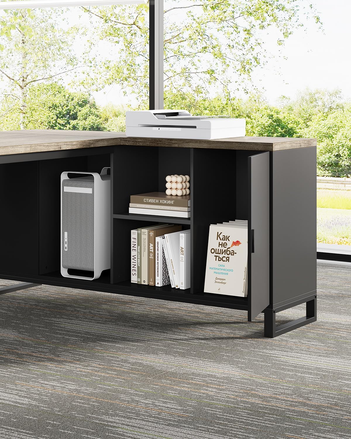 LITTLE TREE 70.8 Inches Executive Desk and 55 Inches File Cabinet Combo, Large L Shaped Computer Desk with Storage Cabinet and Shelves, Modern Business Furniture for Home Office, Grey & Black