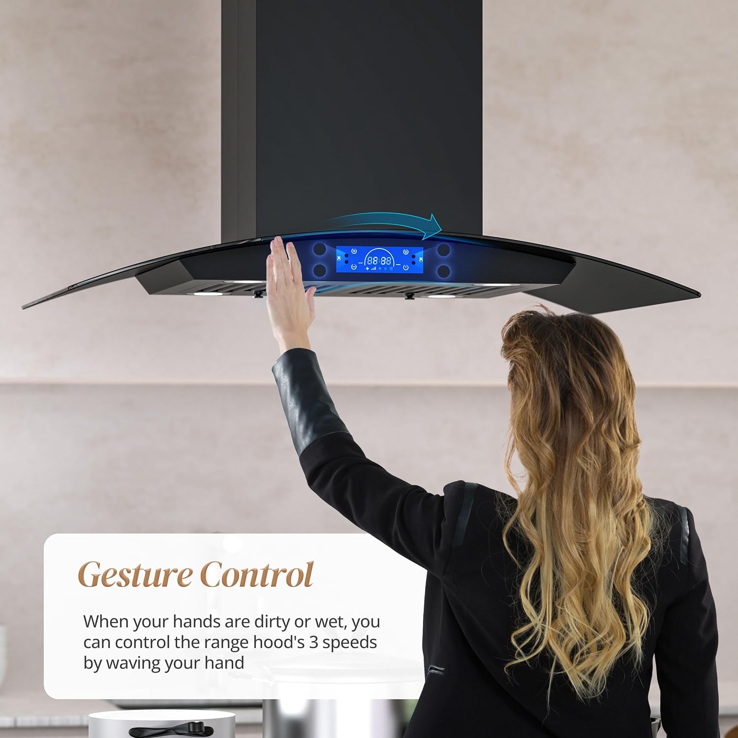 FIREGAS Black Island Range Hood 36 Inch, 700 CFM Ductless/Ducted Ceiling Mount Range Hood with 3 Speed Fan, Gesture, Remote & Touch Control, LED Light Vent Hood for Kitchen