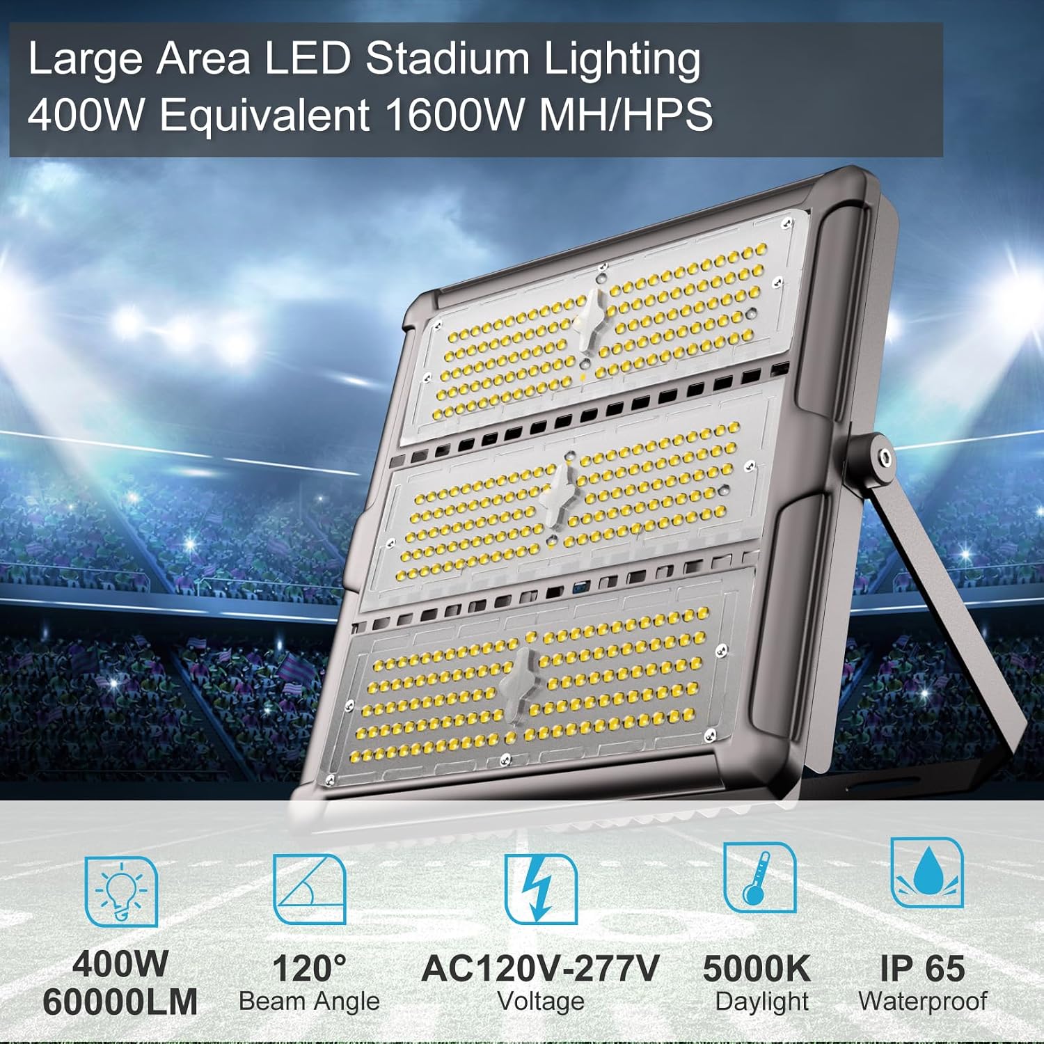 Upgrade 400W Outdoor Flood Lights AC100-277V LED Stadium Lights 60000Lm (1600W Eqv.) Flood Lights with 3 Modules, IP65 Waterproof Area Lighting with Adjustable U Bracket-4Pack