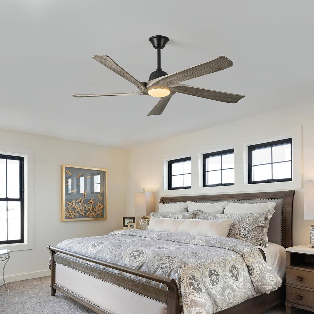 60' Solid Wood Ceiling Fan with Lights, Remote and APP Control, 3-color Dimmable LED, 6-speed Reversible, Modern Ceiling Fans for Bedroom, Living Room, Outdoor/Indoor, Greywood