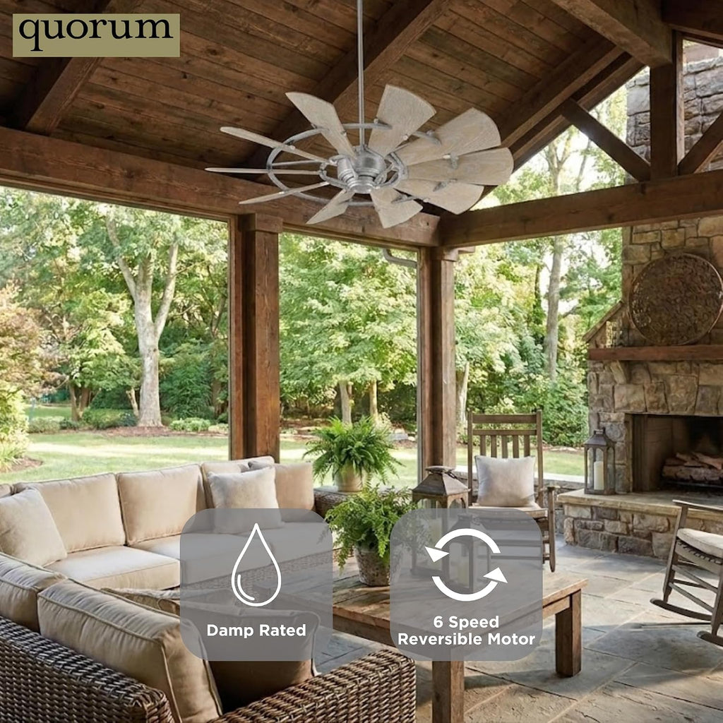 Quorum 195210-9 Windmill 52 Inch Ceiling Fan | 10 Blade Wagon Wheel Design | 6 Speed Reversible DC Motor | Remote Control Included | Damp Rated Fan | Weathered Oak Blades | Galvanized Finish