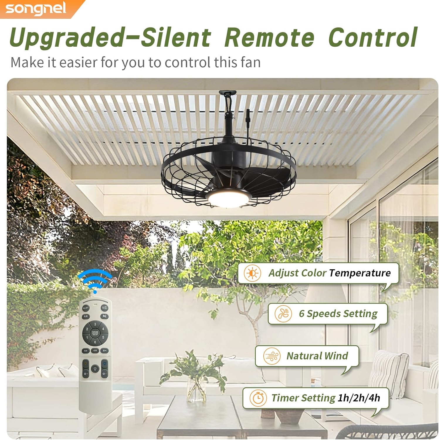 20' Outdoor Ceiling Fan with Lights,Waterproof Hanging Fan with Remote Control, Plug in Caged Ceiling Fan with 6-Speeds(Black)
