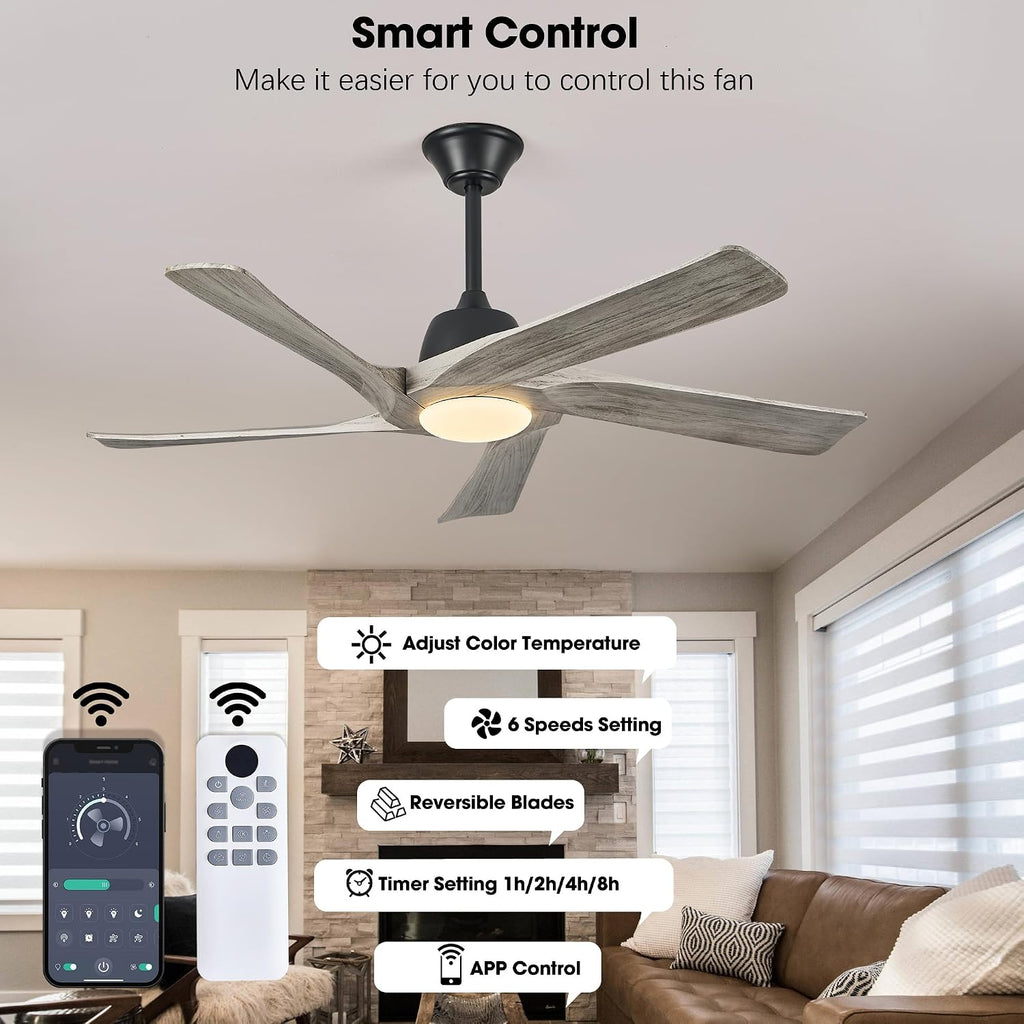 52 Inch Solid Wood Ceiling Fan with Lights, Remote and APP Control, 3-color Dimmable LED, DC Motor, 6-speed Reversible, Modern Ceiling Fans for Bedroom, Living Room, Greywood