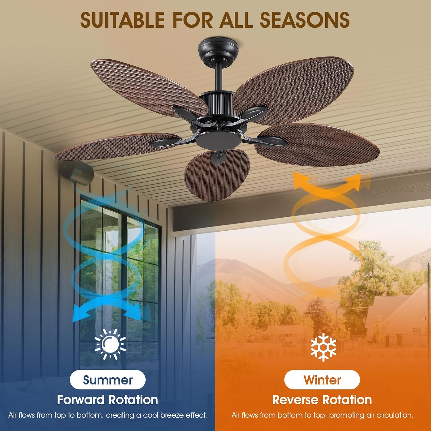 Wiviniya 50 Inch Tropical Ceiling Fan no Light, Palm Leaf Waterproof Outdoor Ceiling Fans for Patios Porch, Remote/APP Control, Wet Rated, 6 Speeds, Reversible Quiet DC Motor, Dark Brown