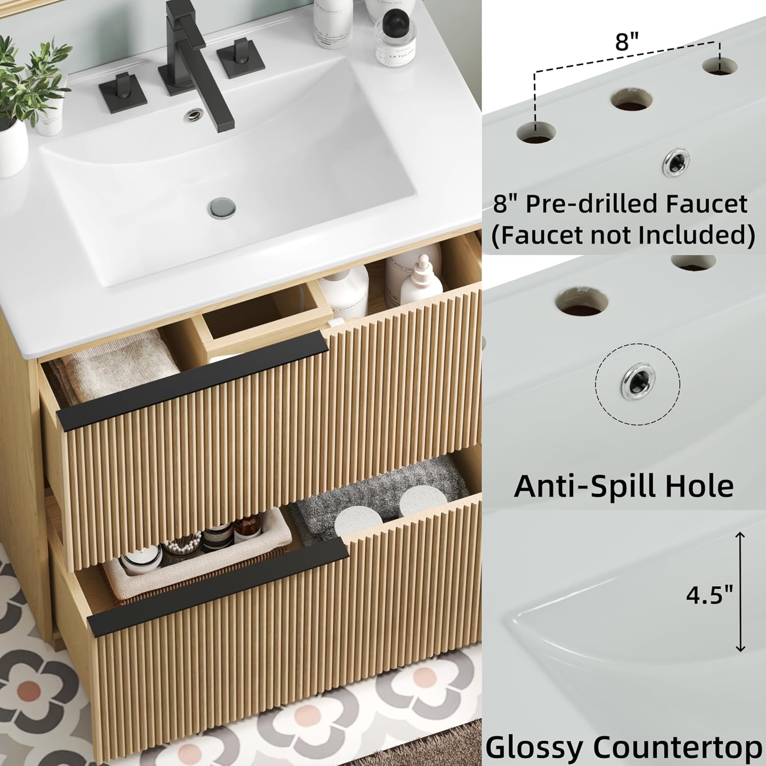 Christopher Knight Home Byron 30' Bathroom Vanity with Sink, Modern Freestanding Bathroom Sink Cabinet with Drawer, Undermount Vanity Sink Cabinet, Bathroom Storage Cabinet with Sink Combo Set,Natural