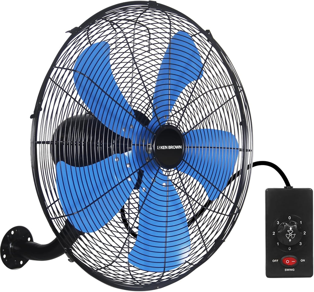 KEN BROWN 18 Inch 3-Speed High Velocity Industrial Oscillating Fan, Wall Mount Fan with Max. 4200 CFM, Seperated Switch and 5 Blades, Heavy Duty Metal for Household/Patio/Workshop, Blue