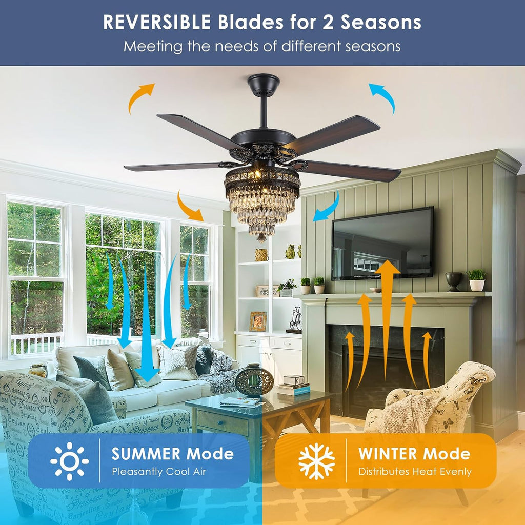 Asyko 50' Crystal Ceiling Fan Fandelier with Lights - Modern Black Chandelier Fans with Remote Control，Noiseless AC Motor, Retro/Farmhouse Lighting, Dining Room，Living Room