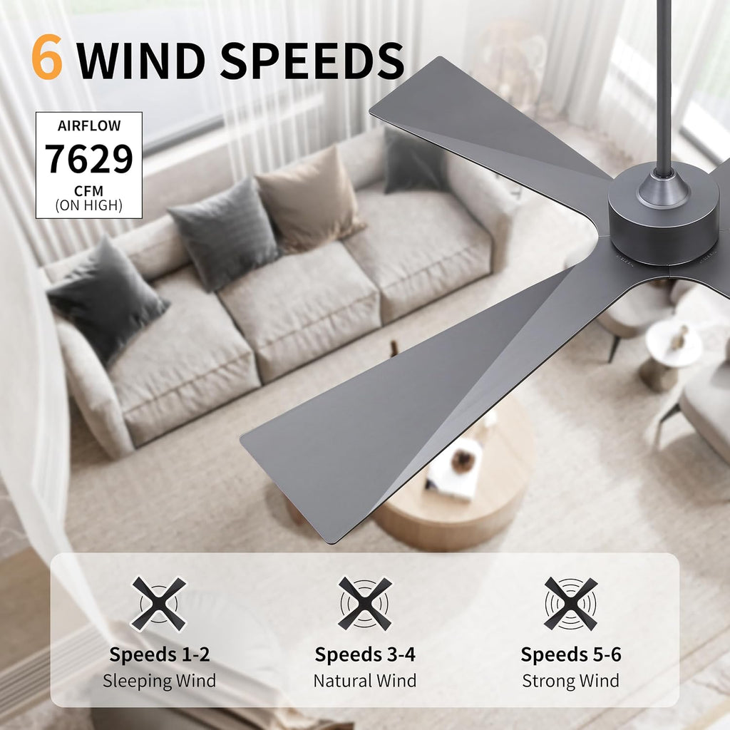 WINGBO 64' Wet Rated Outdoor Ceiling Fan without Lights, 4 ABS Plastic Blades, 6-Speed Reversible Quiet DC Motor, Waterproof Ceiling Fan No Lights for Patio Porch Gazebo Garage, Brushed Graphite