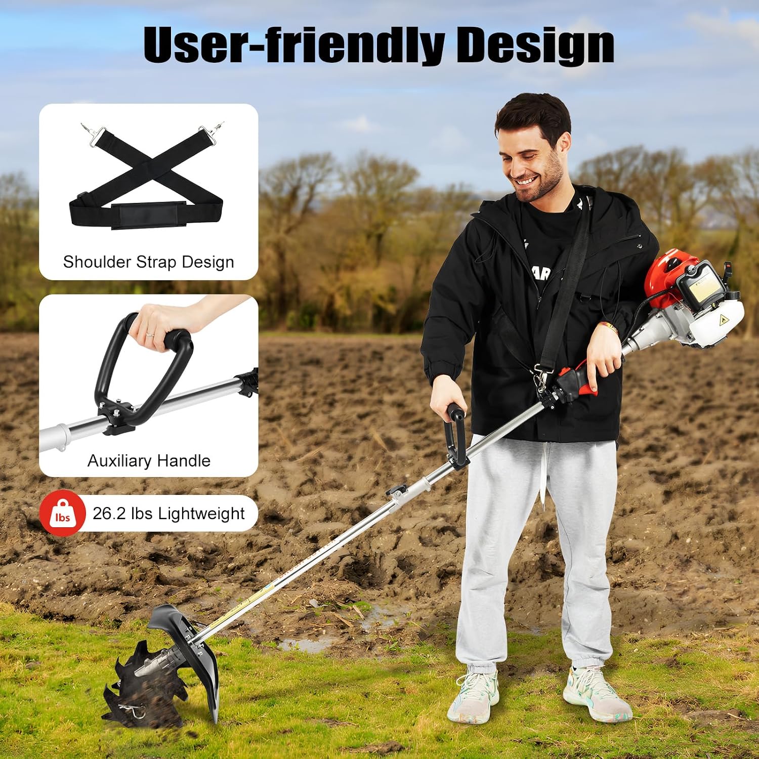 1.45kW Gas-Powered Tiller, 52cc 2-Stroke Handheld Engine Cultivator, 6500RPM Soil Loosener Ground Breaker with 0.29gal Fuel Tank 9.8in Width & 3.5in Depth for Garden Farmland Hillside