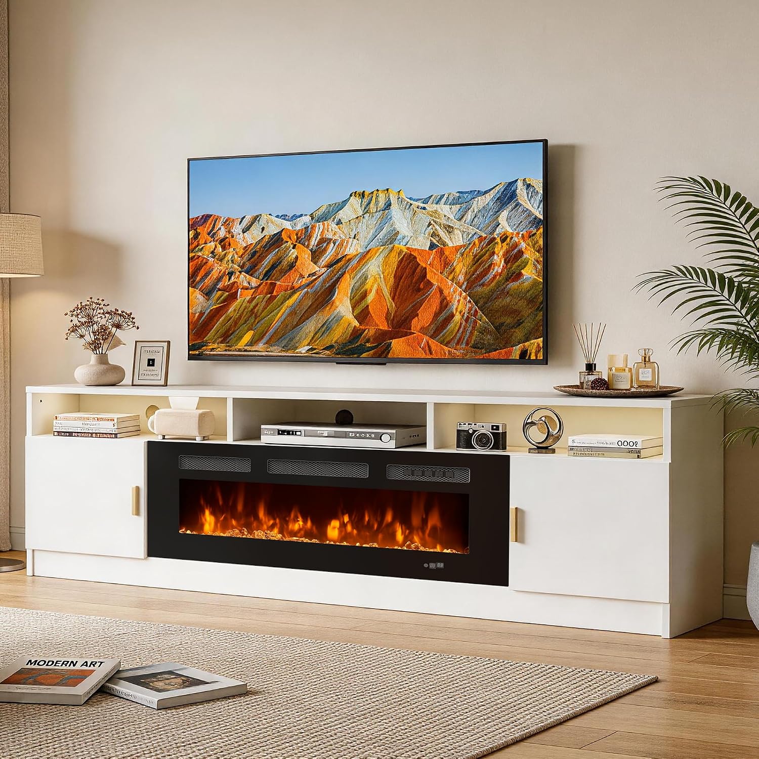 80' Fireplace TV Stand with Power Outlet, Electric Fireplace Entertainment Center with Storage Cabinets, Fits TVs up to 90', TV Console with LED Lights for Living Room, Office, White-Black
