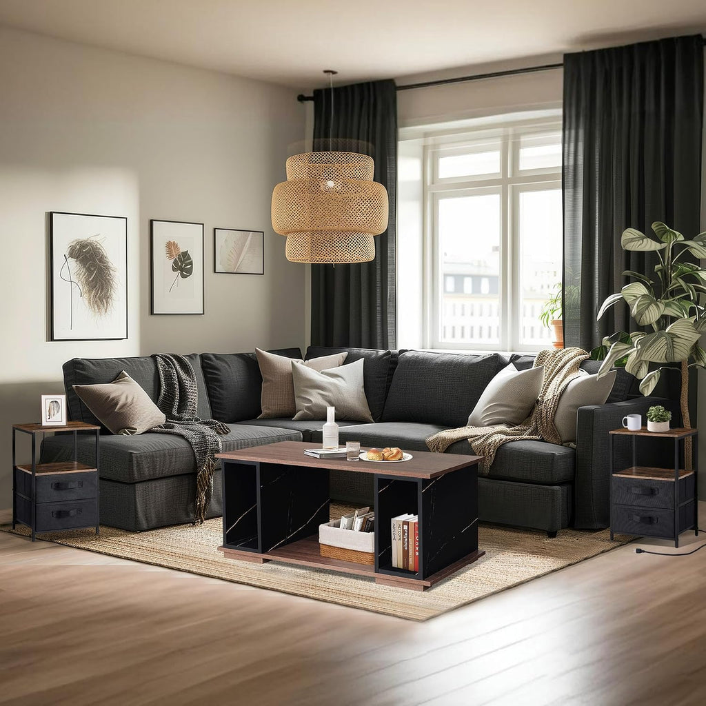 GIA Home Furniture 3 pcs Living Room Table Set, Including 1 Particle Board Coffee Table with Marble Vein Walnut & 2 End Tables with Charging Station, USB Ports, 2 Drawers & Open Shelves
