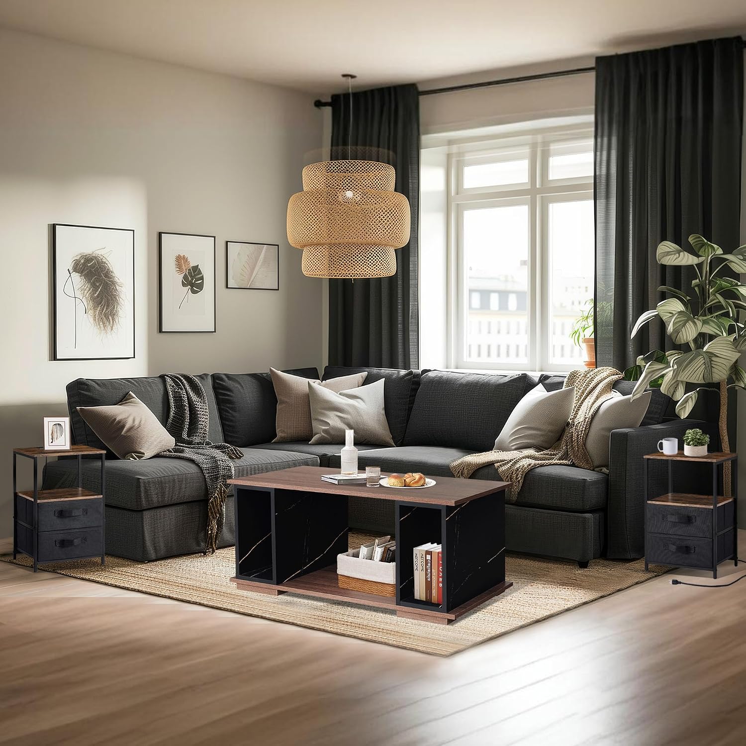 GIA Home Furniture 3 pcs Living Room Table Set, Including 1 Particle Board Coffee Table with Marble Vein Walnut & 2 End Tables with Charging Station, USB Ports, 2 Drawers & Open Shelves