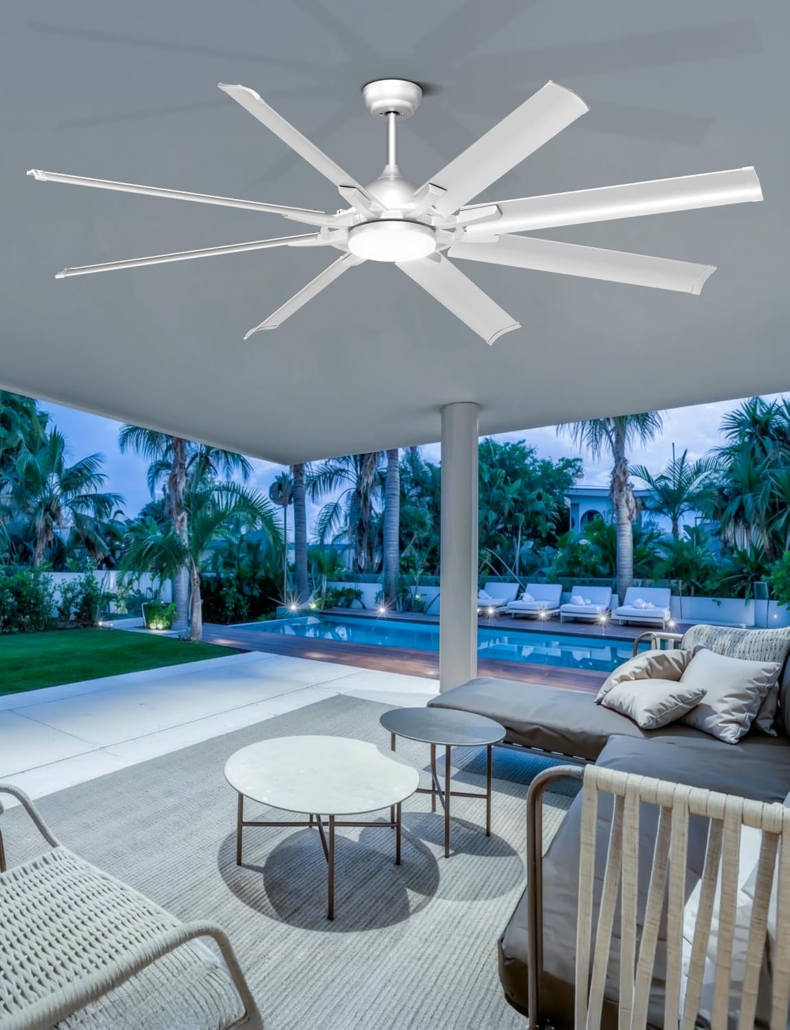 Ohniyou 72 Inch Industrial Ceiling Fan with Lights Remote Control, Large Ceiling Fan with 8 Aluminum Blades, 3 CCT, 6-Speed Quiet DC Motor for Living Room, Covered Outdoor, Shop, Garage(Silver)