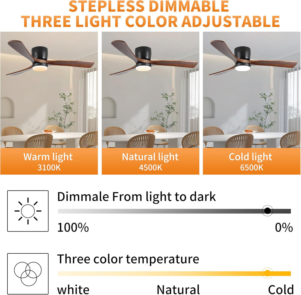 42 inch Black Wood Ceiling Fans with Lights and Remote, Flush Mount Low Profile Ceiling Fan with Light, 6 Speed, Reversible DC Motor, for Bedroom,Outdoor,Farmhouse,Patios