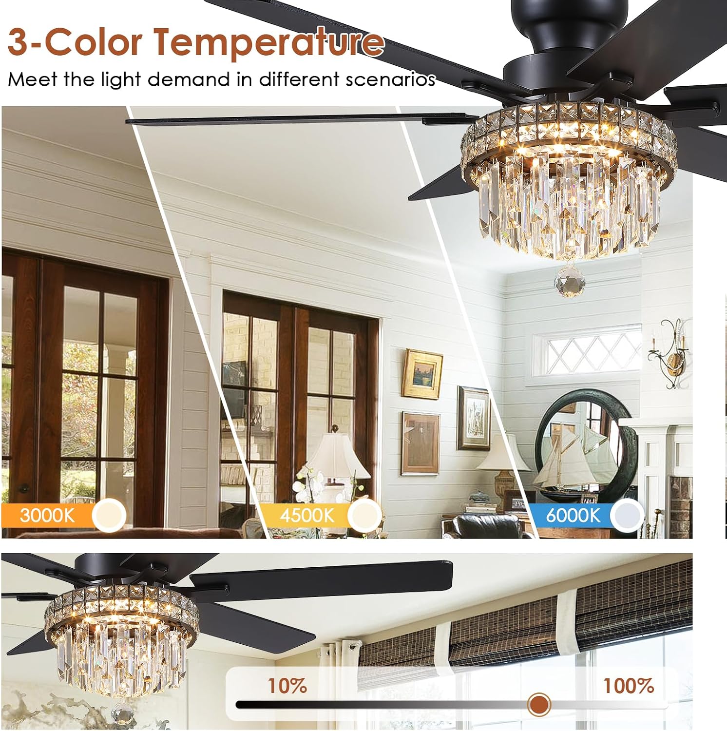 Asyko Chandelier Ceiling Fan -52' Crystal Ceiling Fan- Fandelier Fan Light Black with Remote, Reversible Motor, Dual-Sided 6 Blades, 3 Speed, Timer, Indoor Outdoor Fans, Living Room, Dining Room