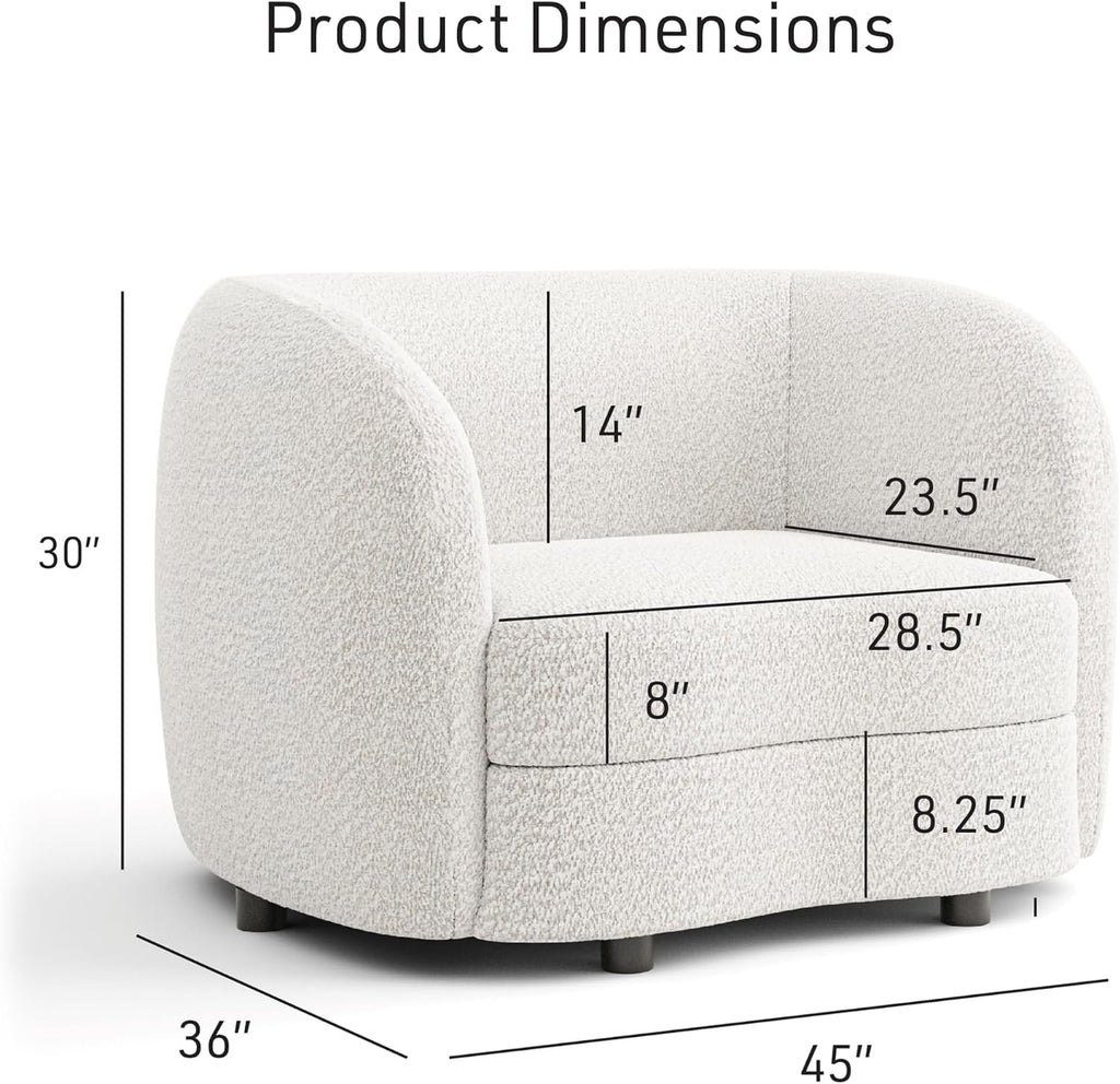 Furniture of America Nimiane Modern Boucle Barrel Chair with Curved Arms and Wooden Legs, Fabric Upholstered Armchair, Comfy Sofa Chair for Living Room, Bedroom, Home Office, Off-White