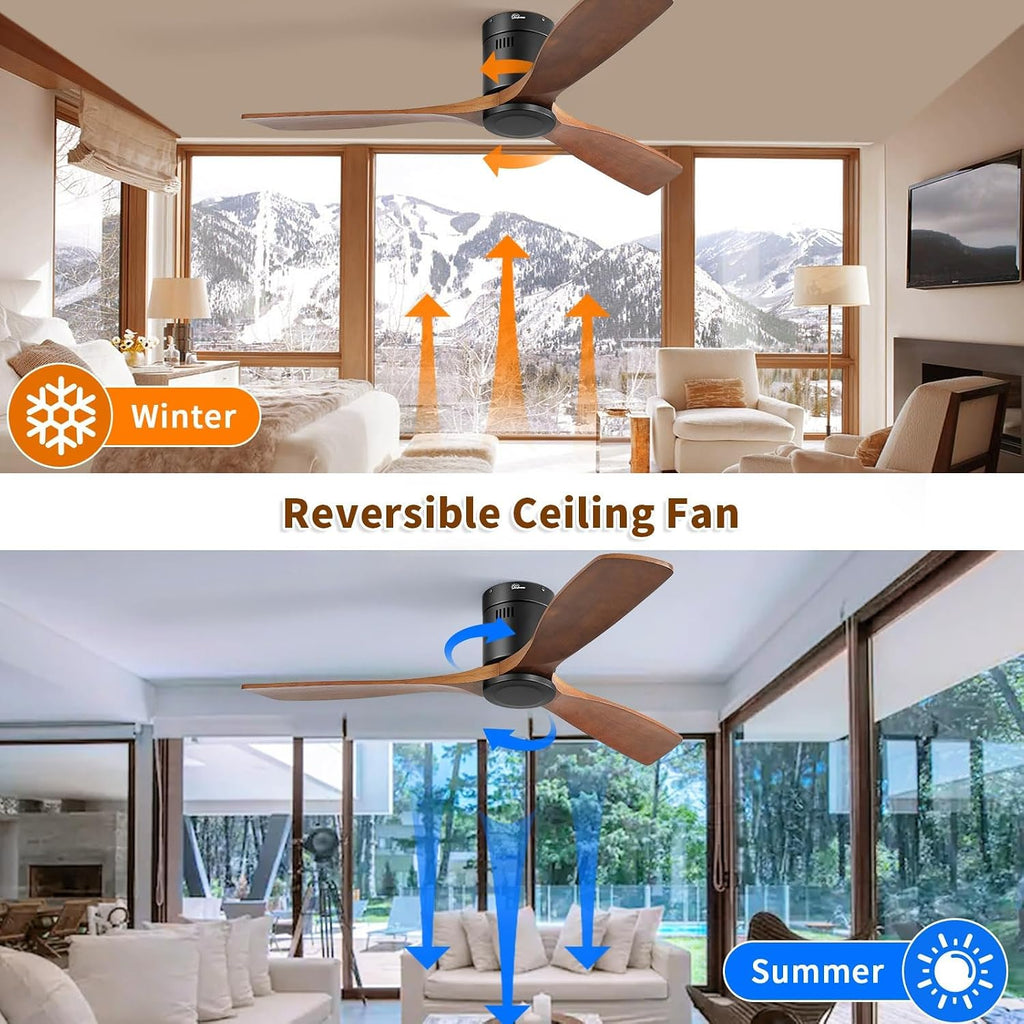 Sofucor Ceiling Fan No Light, 52 Inch Flush Mount Ceiling Fan With Remote Control, Indoor/Outdoor Ceiling Fans Without Lights, Reversible DC Motor, 3 Blade Solid Wood Ceiling Fans for Bedroom Patio