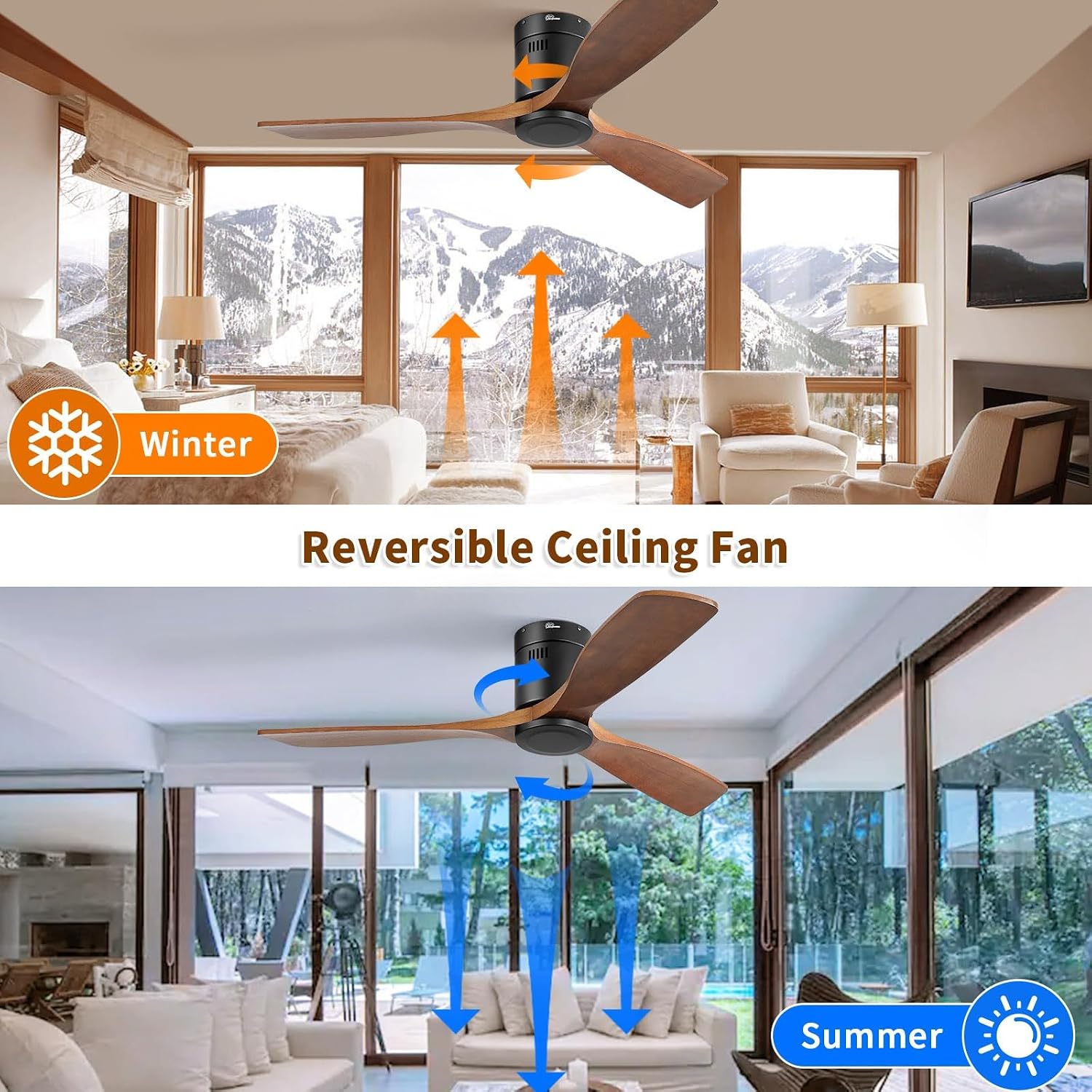 Sofucor Ceiling Fan No Light, 52 Inch Flush Mount Ceiling Fan With Remote Control, Indoor/Outdoor Ceiling Fans Without Lights, Reversible DC Motor, 3 Blade Solid Wood Ceiling Fans for Bedroom Patio