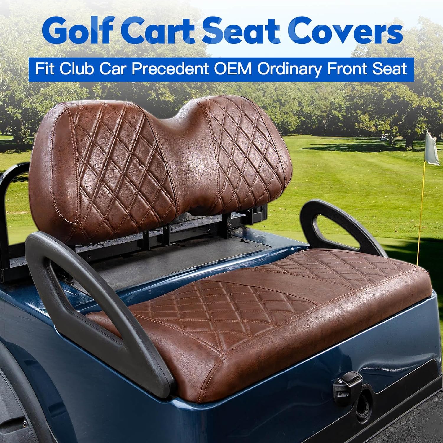 NOKINS 4PCS Golf Cart Seat Covers Kit, Front and Rear Seat Covers Fits Club Car Precedent Standard Seat Cushion, Club Car Vinyl Seat Covers Accessories, No Staples (Brown Brown 8438)