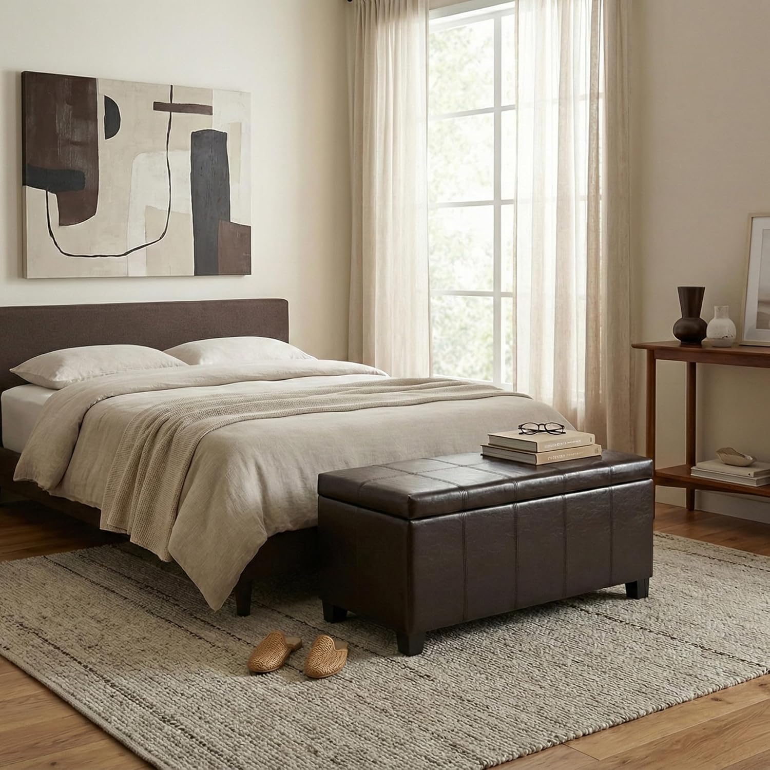 SIMPLIHOME Dover Storage Ottoman Bench - 36 inch Wide Upholstered Vegan Leather Rectangular Lift-Top Ottoman in Tanners Brown, Contemporary Bench for Living Room with Safety Hinges