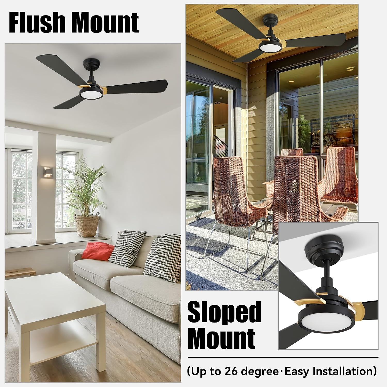 SMAAIR 56 Inch Black Ceiling Fan with Lights Remote Control and 10 Speed DC Motor, Low Profile Ceiling Fan with Dimmable Light works with Alexa/Google Assistant/Siri Shortcuts, 3 Blade, Black/Gold