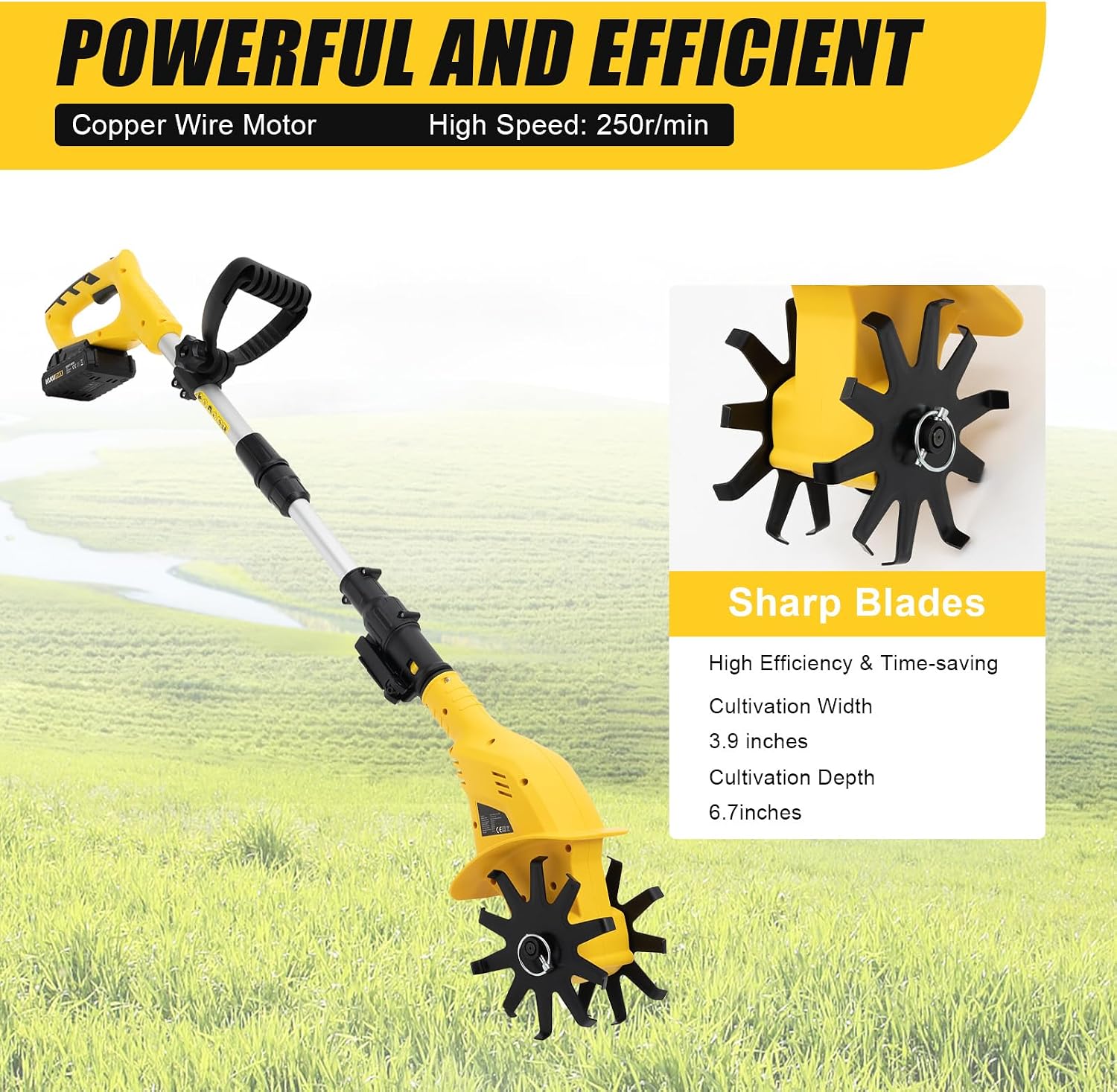 20V Cordless Tiller Cultivator, 3.9inch 250RPM Electric Tiller, Battery Powered Garden Cultivator with Extendable Pole for Lawn, Yard, Soil Cultivation