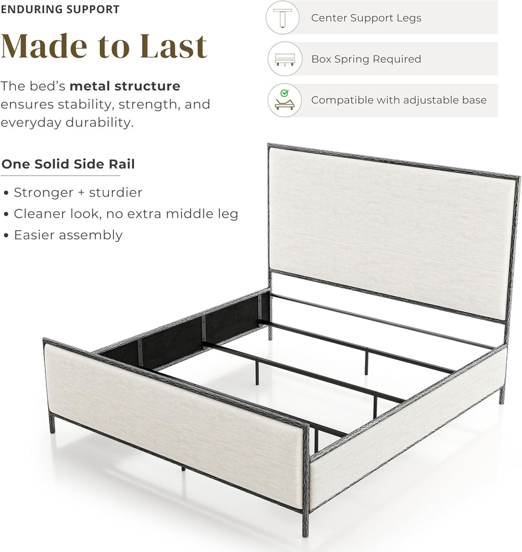 24/7 Shop at Home Lalia Hammered Metal 2-Piece Bedroom Collection, Upholstered Bed Frame with Beige Fabric Headboard, Forged Steel and 1-Shelf Nightstand, Foundation Required, Queen, Matte Grey