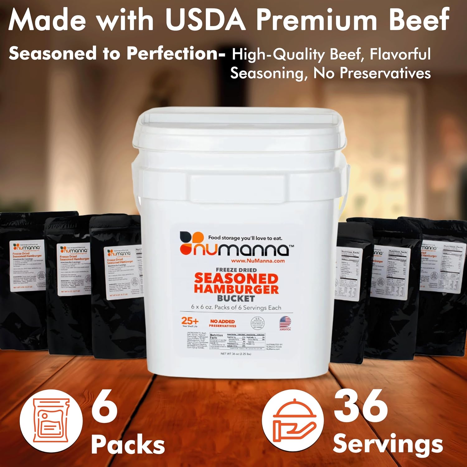 Numanna Freeze-Dried Seasoned Ground Beef Bucket 36 Servings | Over 25g Protein per Serving | Hamburger for Camping, Meal Prep, Pantry Staple, Emergency Survival | 25+ Year Shelf Life | Made in USA
