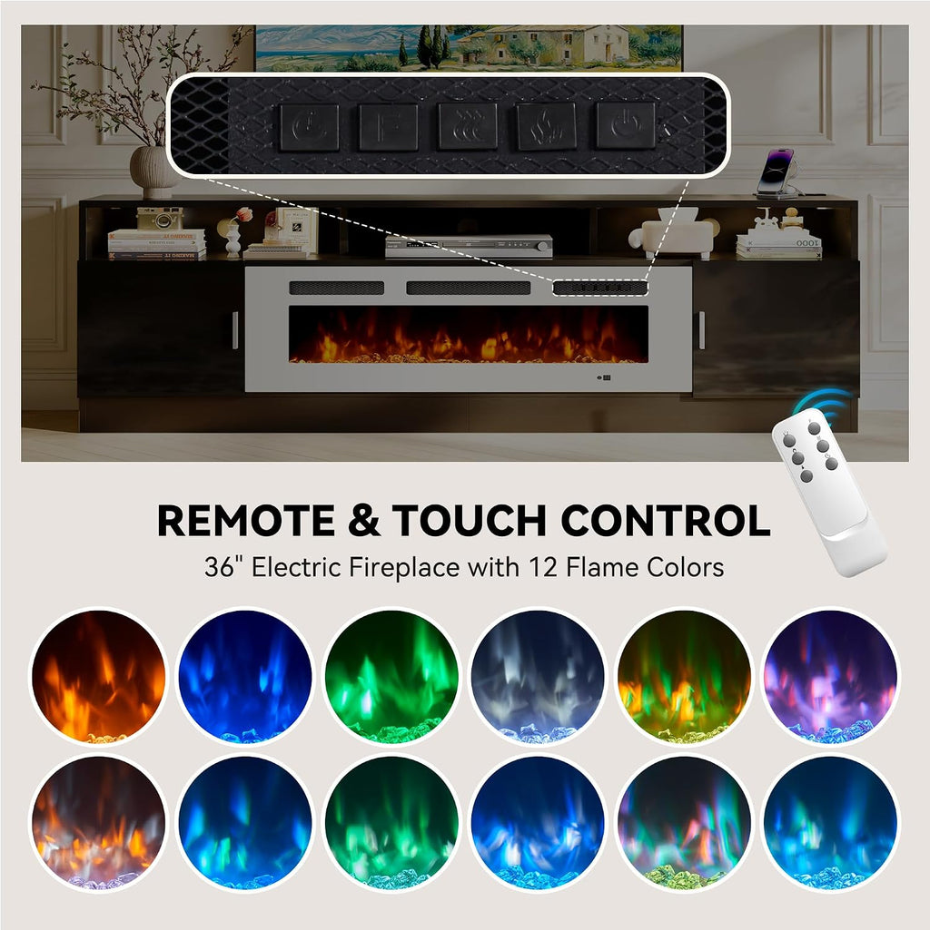 80' Fireplace TV Stand with Power Outlet, Electric Fireplace Entertainment Center with Storage Cabinets, Fits TVs up to 90', TV Console with LED Lights for Living Room, Office, Black-White