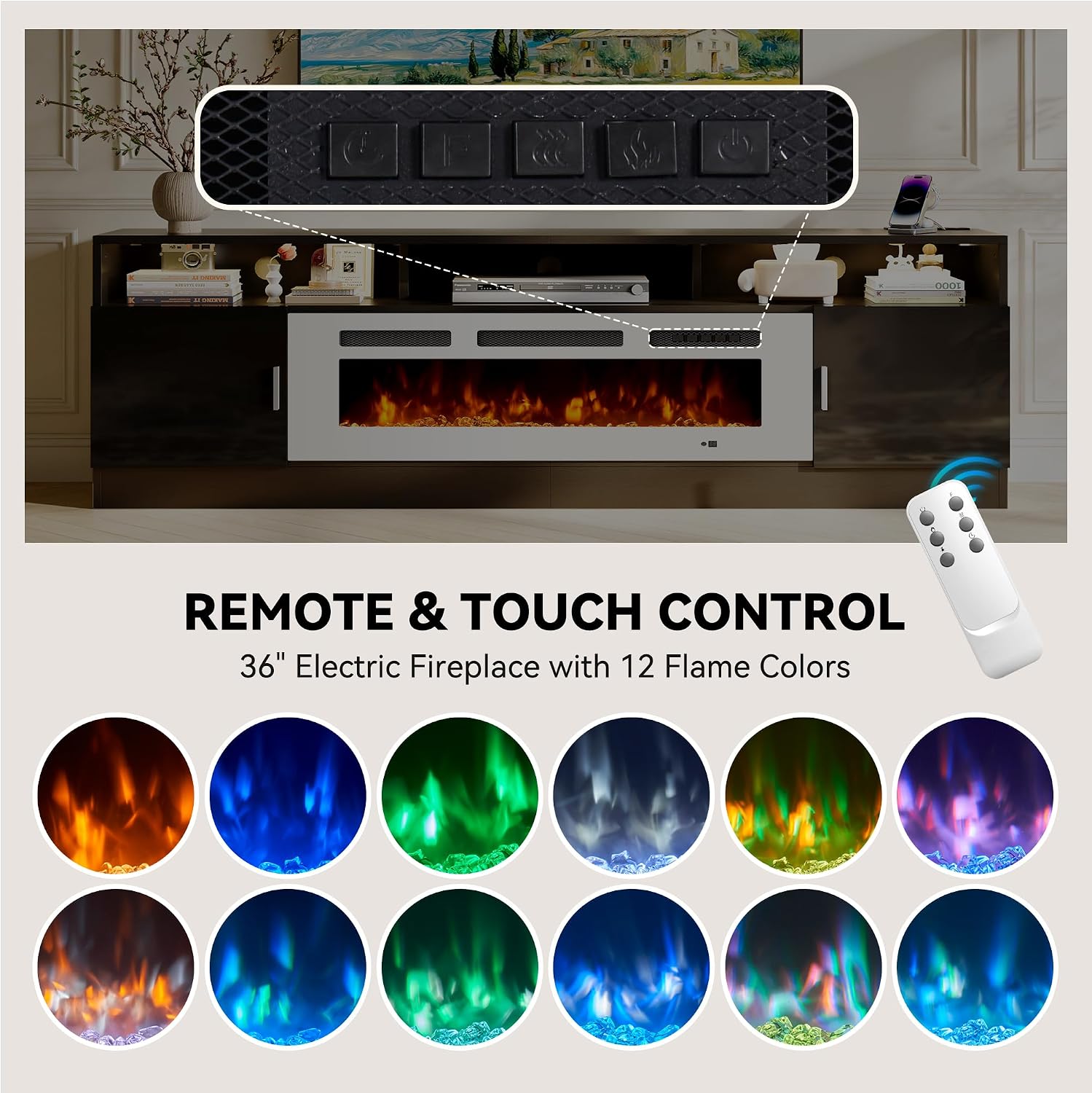 80' Fireplace TV Stand with Power Outlet, Electric Fireplace Entertainment Center with Storage Cabinets, Fits TVs up to 90', TV Console with LED Lights for Living Room, Office, Black-White