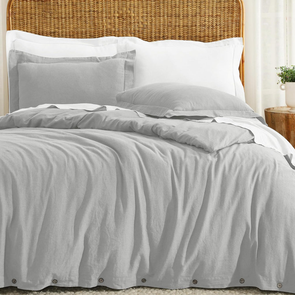 Superior Cotton Linen Duvet Cover Set, Chic Decor for Bedroom, Includes 1 Duvet Cover with Button Closure, 2 Pillow Shams, Boho Aesthetic Bedding Essentials, Soft, Lightweight, Full/Queen, Silver