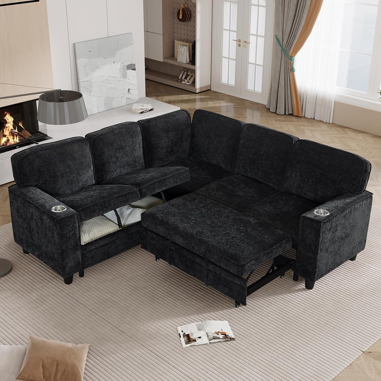 KEIKI 81' L-Shaped Oversized Chenille Modular Sectional Sleeper Sofa with Pull-Out Bed, Storage Seat, Modern 5-Seater Upholstered Couch Bed with Charging Station, Easy Assembly, for Living Room, Black