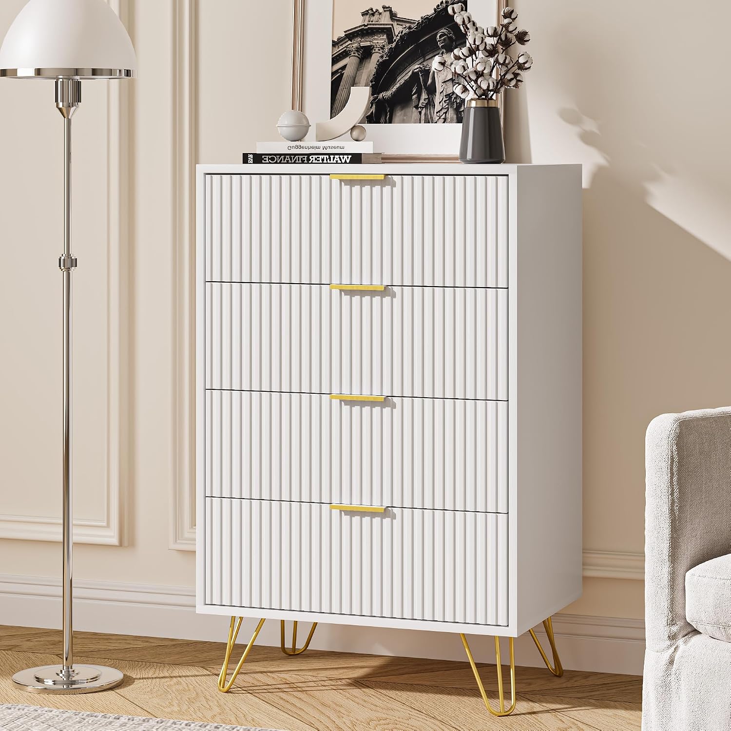 MAISONARIA White Dresser for Bedroom, Modern Dresser with Gold Metal Handles & Chests of Drawers