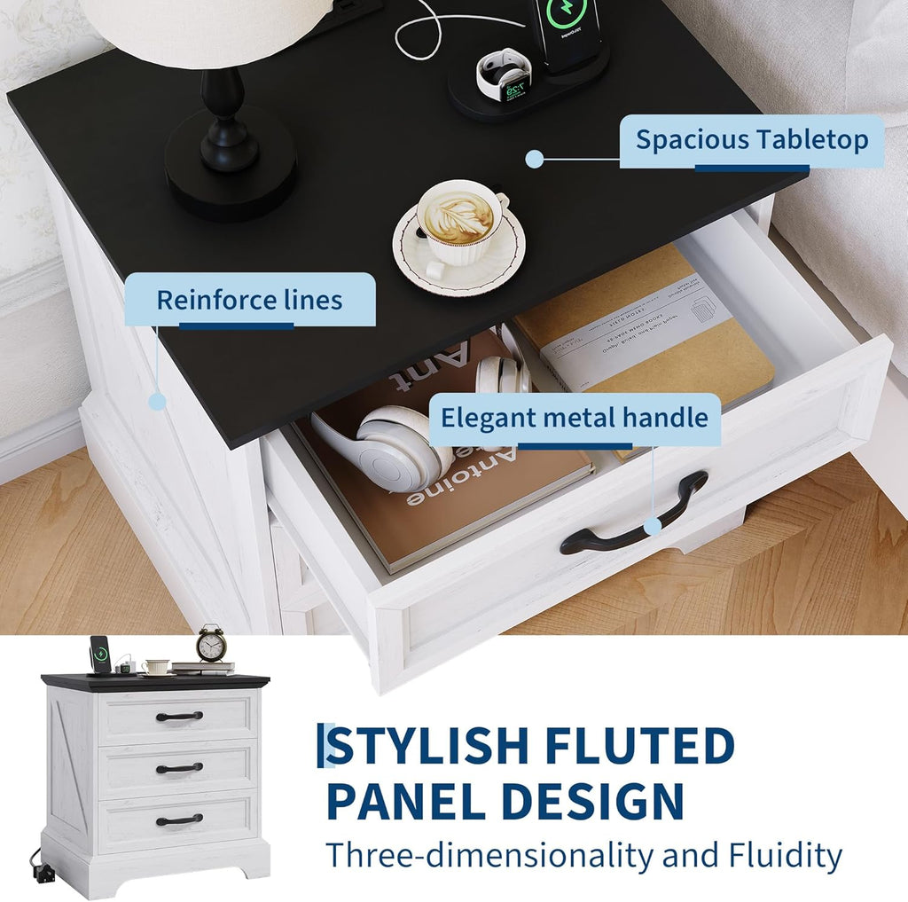 Modern Farmhouse Wood Nightstand with Charging Station & 3 Large Drawers, 24 Inch Wide Rustic Bedside Table & End Table with Storage Bedside Cabinet for Bedroom Living Room Small Space White