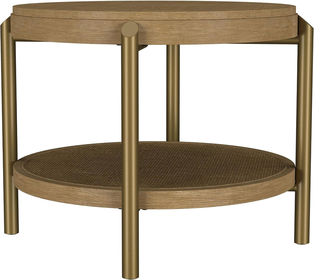 Coaster Home Furnishings - Arini - Wood and Metal - Round End Table with Dual-Tier Design, Woven Rattan Shelf and Aged Brass Legs - Living Room - 26-Inch - Sand Wash - 706187