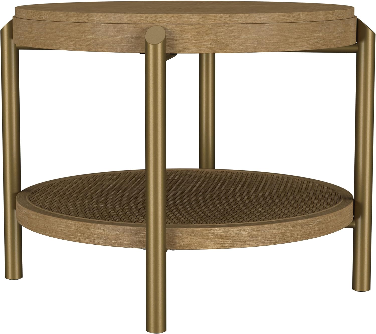 Coaster Home Furnishings - Arini - Wood and Metal - Round End Table with Dual-Tier Design, Woven Rattan Shelf and Aged Brass Legs - Living Room - 26-Inch - Sand Wash - 706187