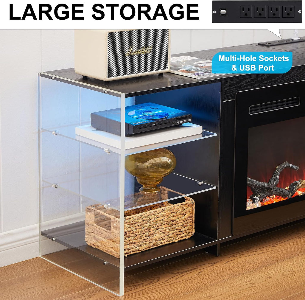 VECELO Fireplace TV Stand for Televisions up to 75' with 3D Flame/13 Colors, Modern Media Entertainment Center Console Table with LED Lights, 3 Tier Transparent Storage Shelves, for Living Room, Black
