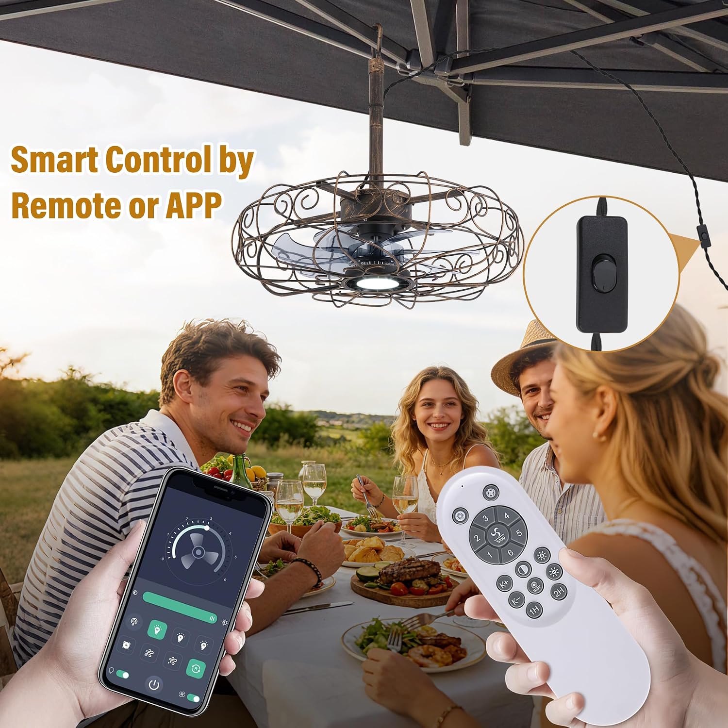 Outdoor Ceiling Fan for Gazebo 20',IP65 Waterproof Plug in Ceiling Fans with Lights and Remote/APP,3CCT 6-Speed Hanging Fan for Patios Porch Pergola(Bronze)