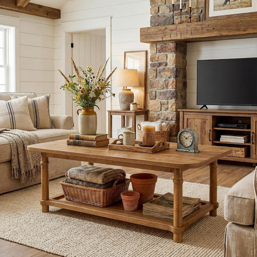 47' Rectangle Coffee Table, Solid Wood Center Table with 2-Tier Storage, Modern Farmhouse Coffee Furniture for Living Room, Home & Family Room, Light Brown