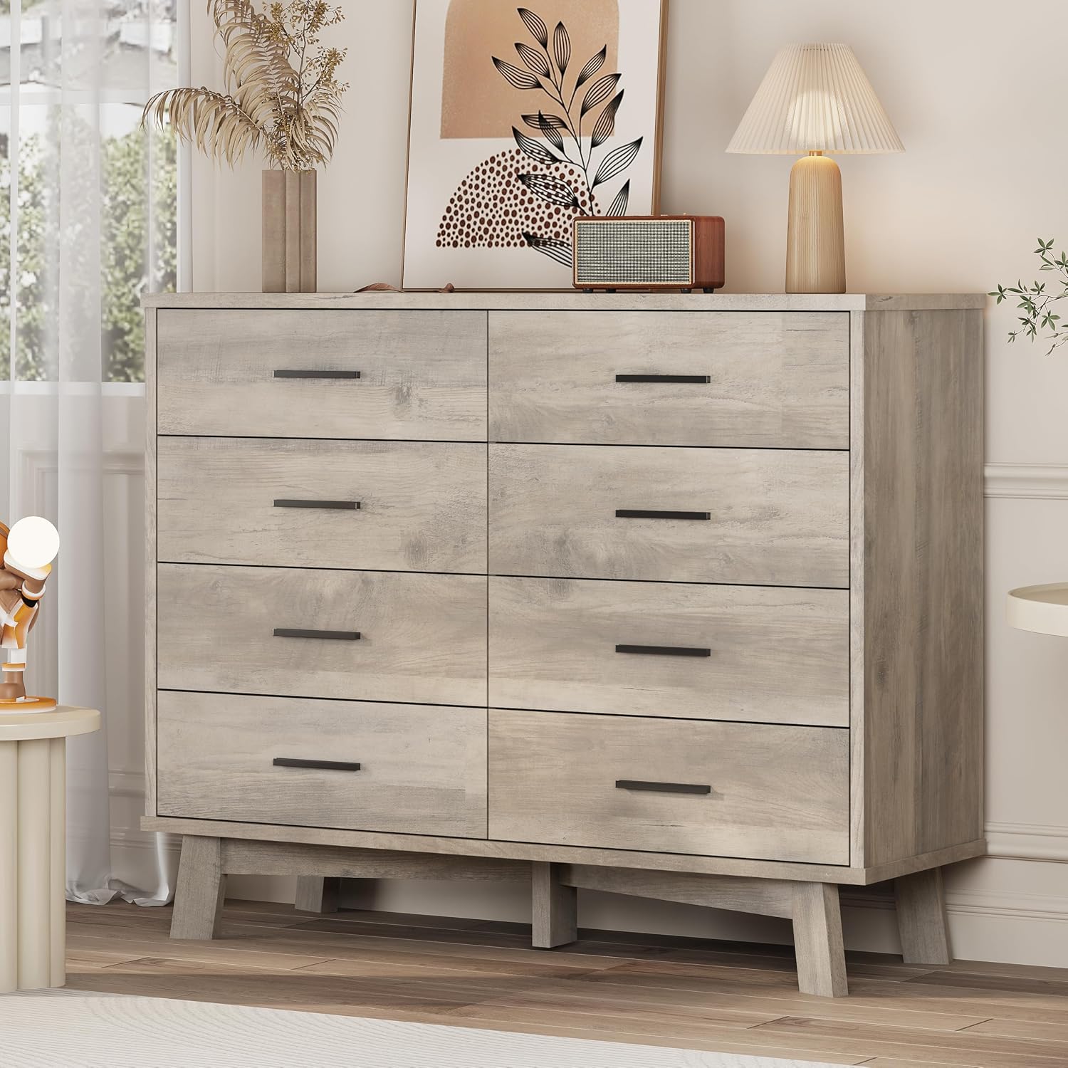 Xixini Dresser for Bedroom, 8 Drawer Wide Modern Chest of Drawers with X-Shaped Sturdy Base, Wood Double Dresser Closet Clothes Storage Organizer, Wooden TV Stand for Living Room, Hallway, Grey